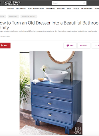 How to Turn an Old Dresser into a Beautiful Bathroom Vanity, BHG.com, June 2017