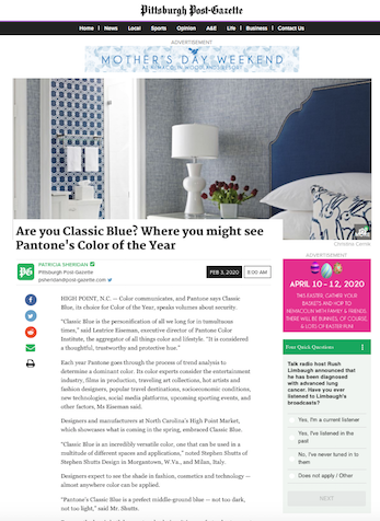 Are you Classic Blue? Where you might see Pantone's Color of the Year, Pittsburgh Post-Gazette, February 2020