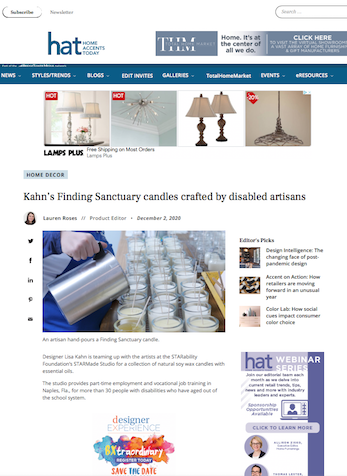 Kahn's Finding Sanctuary candles crafted by disabled artisans, Home Accents Today Online, December 2, 2020